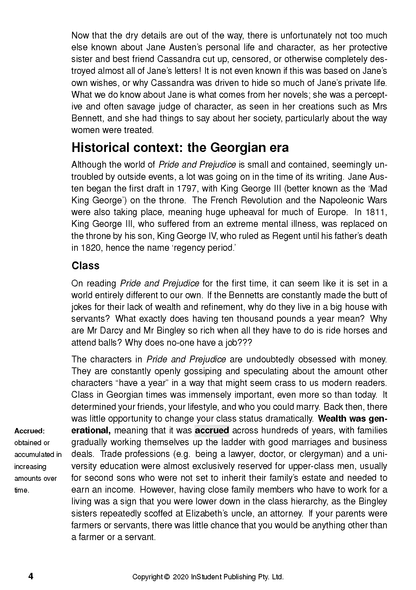White text guide page with black text, featuring headings 'Historical context' and 'Class', an 'Accrued' glossary entry, and page 4.