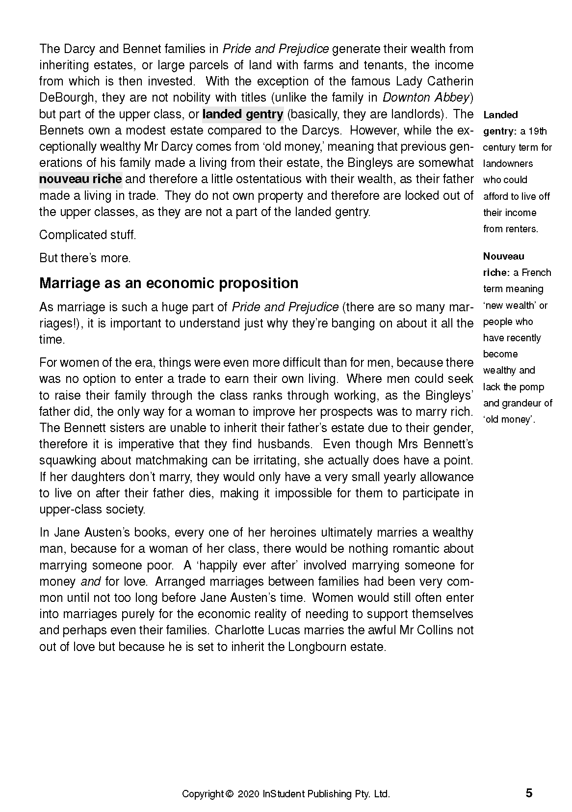 Text Guide for Pride and Prejudice by Jane Austen, showing a page with black text discussing wealth and marriage.