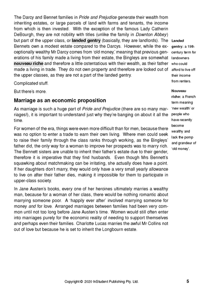 Text Guide for Pride and Prejudice by Jane Austen, showing a page with black text discussing wealth and marriage.