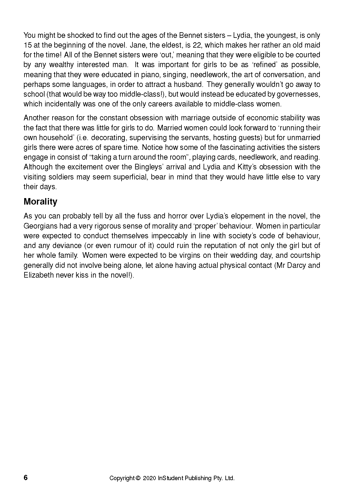 Text Guide for Pride and Prejudice by Jane Austen, showing a page with black text on a white background discussing the Bennet sisters and societal expectations.