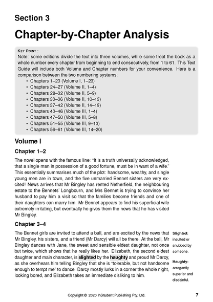 Text Guide page displaying chapter-by-chapter analysis of 'Pride and Prejudice' with summaries and definitions, in black text on a white page with a grey box.