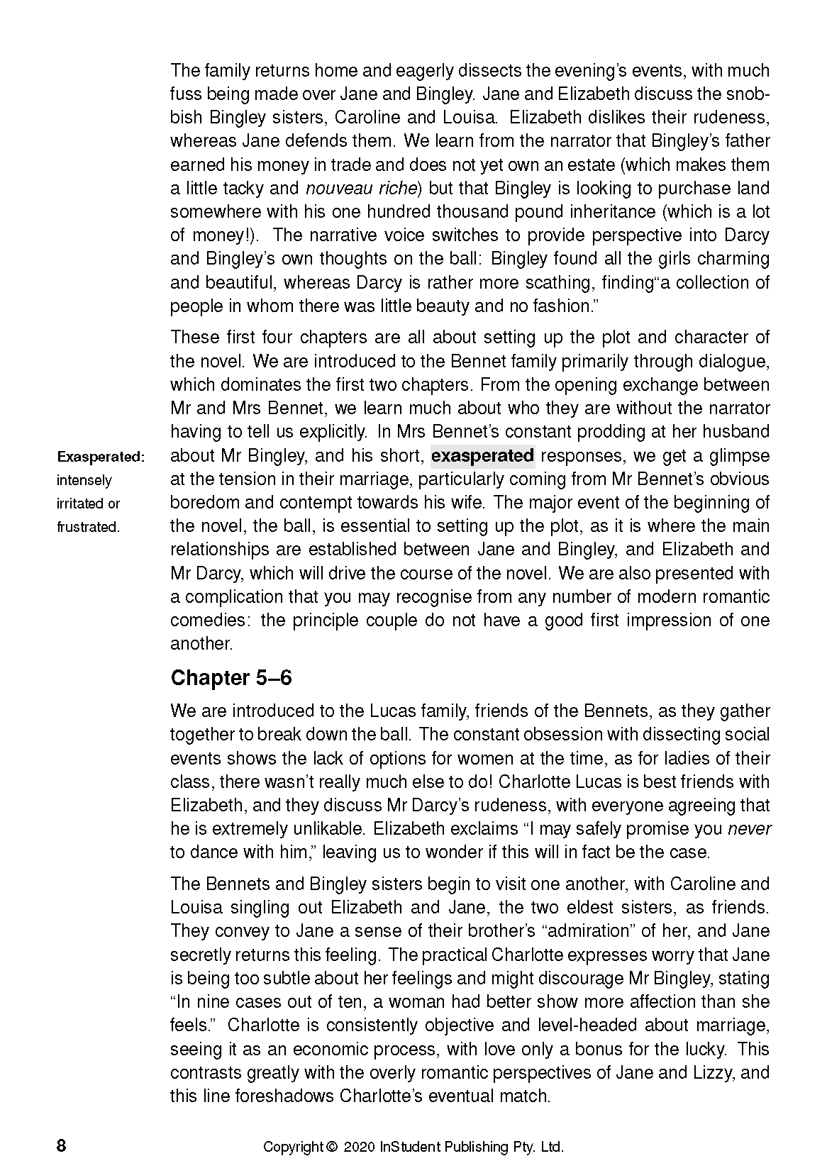 White Text Guide page with black text, including a definition box for 'Exasperated' and page number 8.