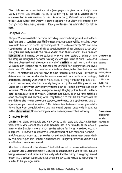 Text Guide for Pride and Prejudice by Jane Austen, showing a page of text and definitions.