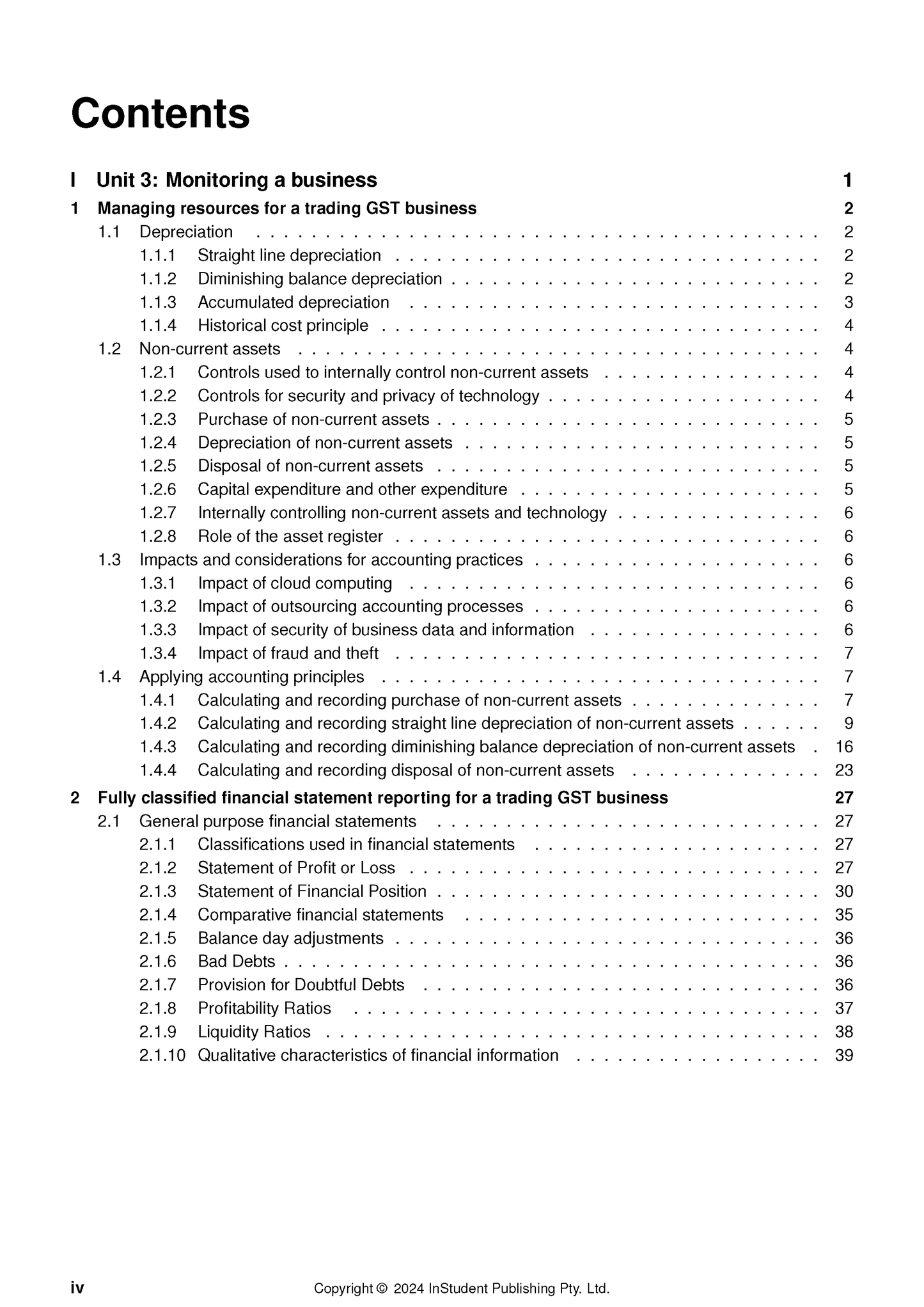 Accounting course notes by ATAR Notes, presenting a detailed contents page with unit and section headings.