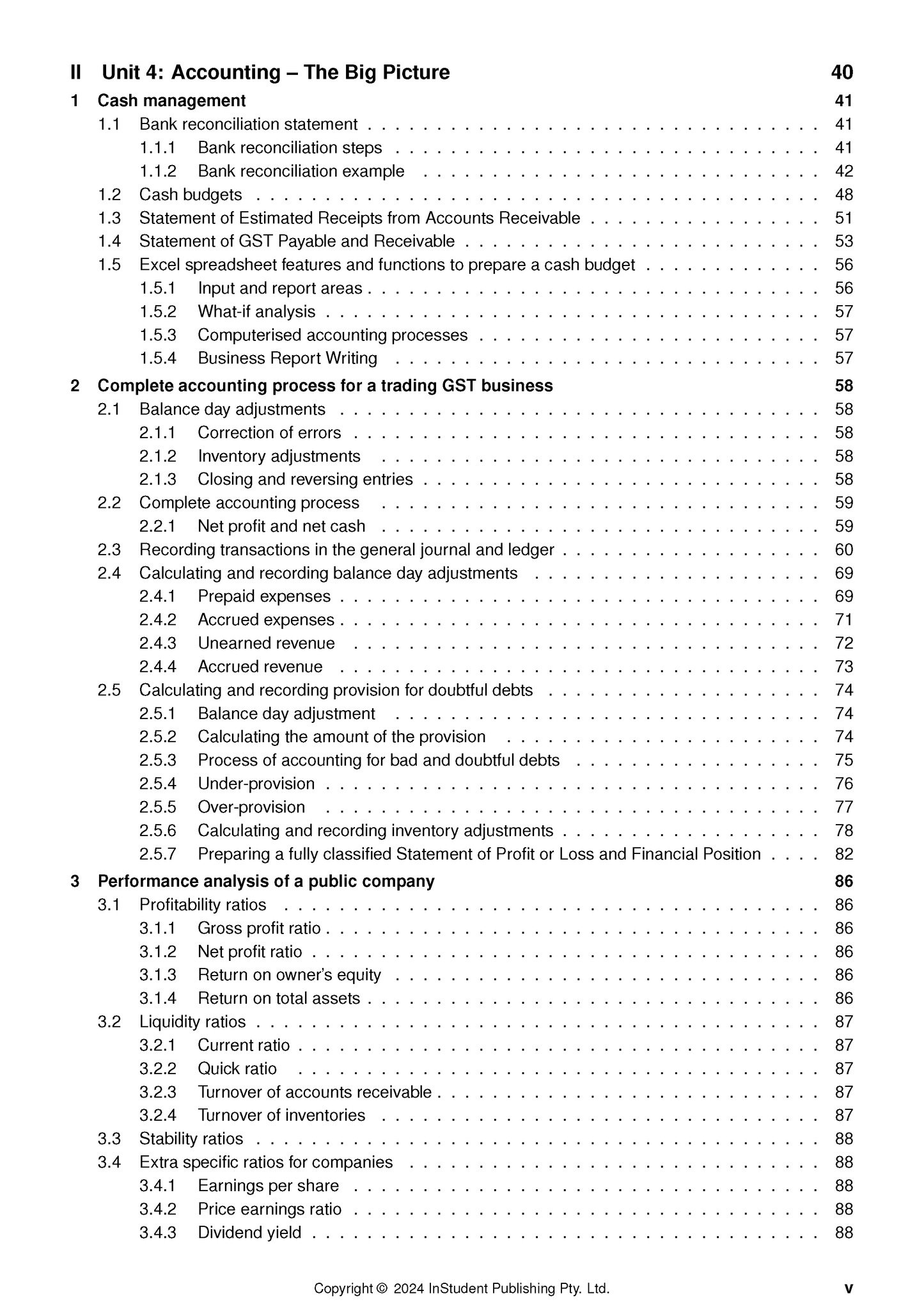 VCE Accounting 3&4 Complete Course Notes by ATAR Notes, displaying a detailed table of contents for Unit 4.