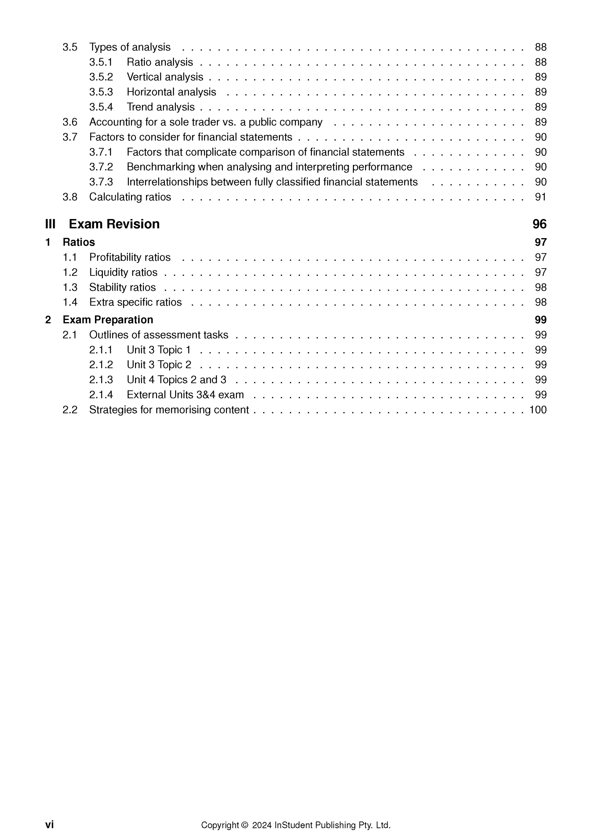 Page from Course Notes by ATAR Notes, displaying a detailed table of contents for VCE Accounting exam revision.