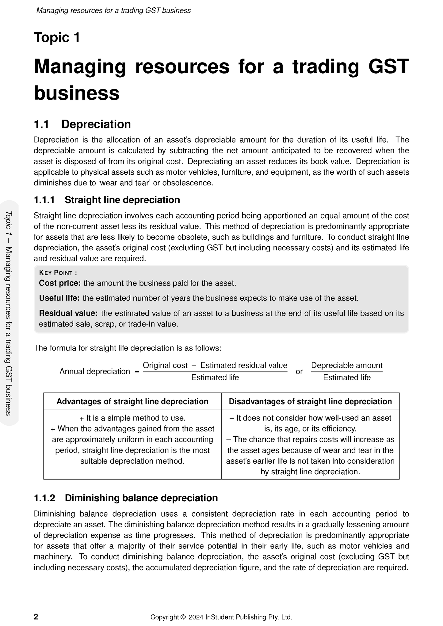 VCE Accounting Course Notes by ATAR Notes, displaying a white page on depreciation methods with key points, formulas, and a comparison table.