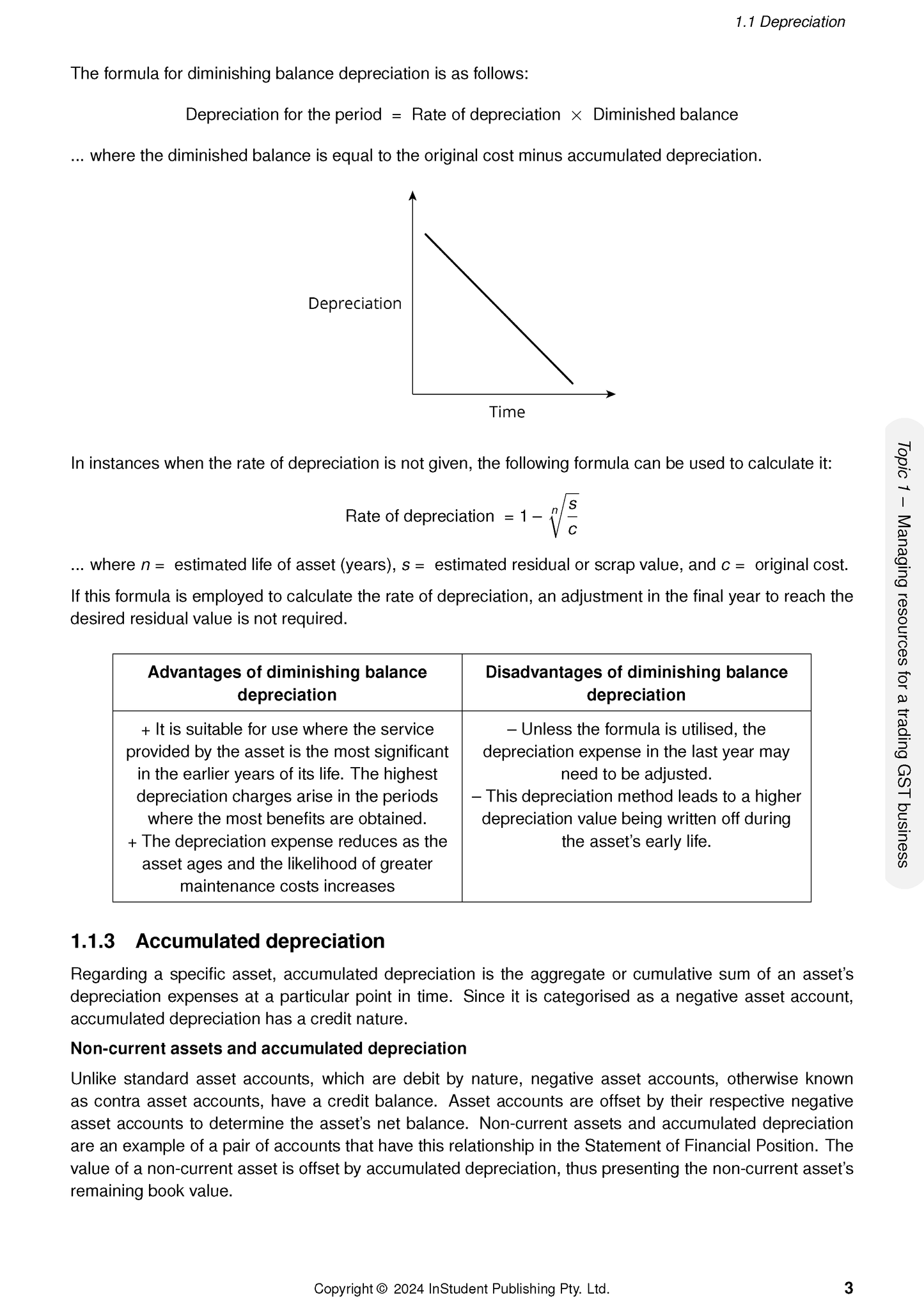VCE Accounting 3&4 Complete Course Notes (2025-2027) by ATAR Notes, displaying a page on depreciation with formulas and a graph.