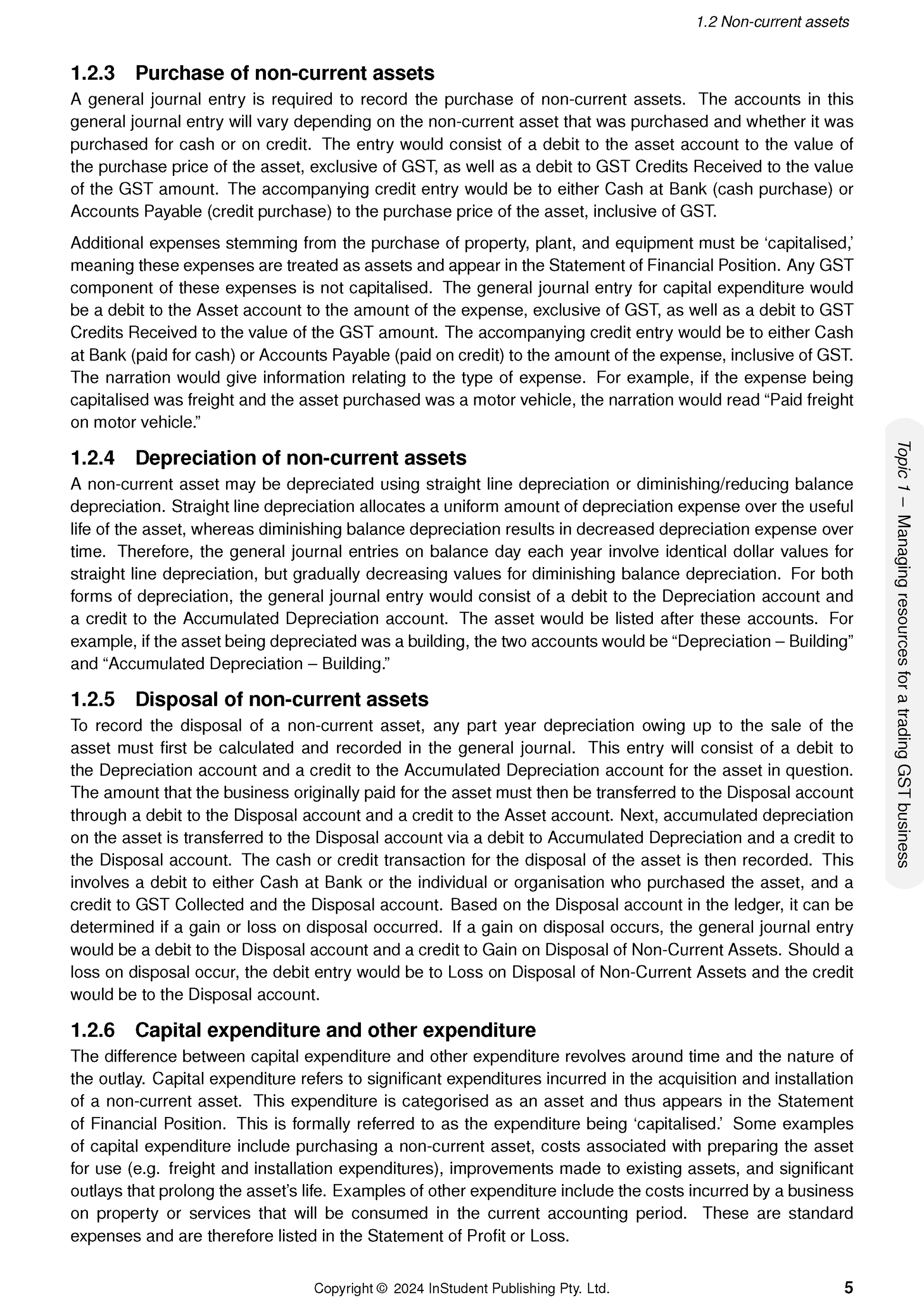 VCE Accounting Course Notes by ATAR Notes, displaying a page about non-current assets and capital expenditure.