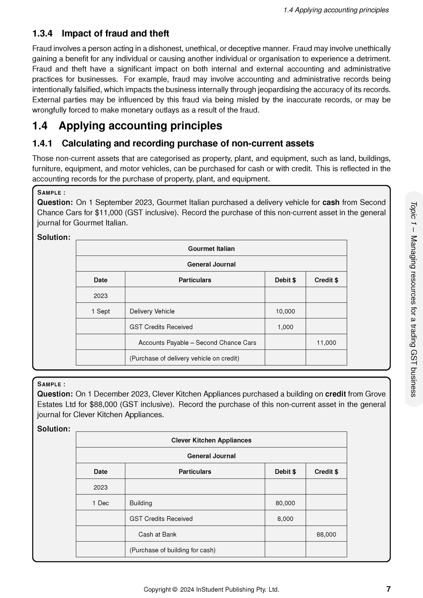 VCE Accounting course notes by ATAR Notes, displaying detailed journal entries for asset purchases with debit and credit tables.