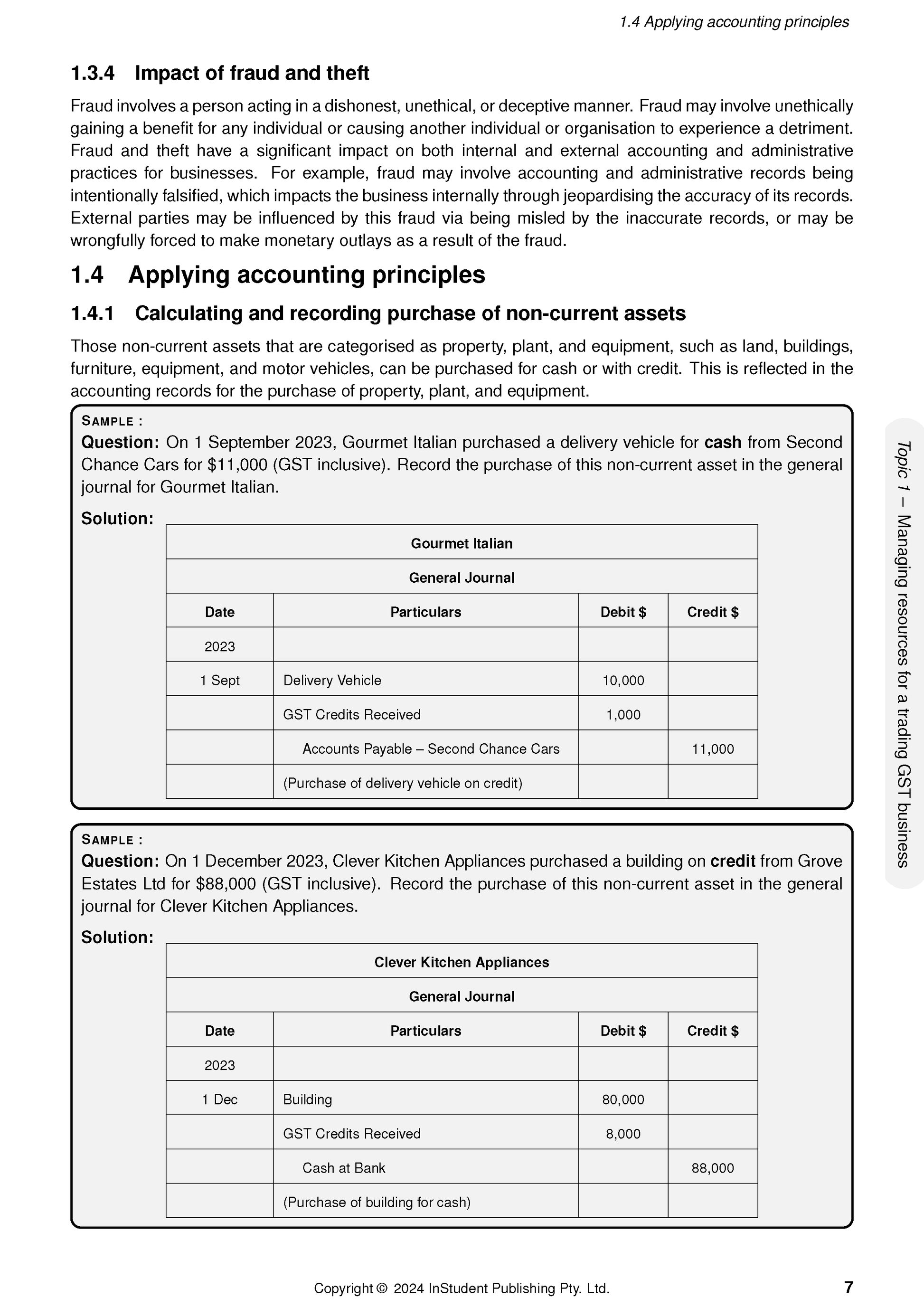 VCE Accounting course notes by ATAR Notes, displaying detailed journal entries for asset purchases with debit and credit tables.