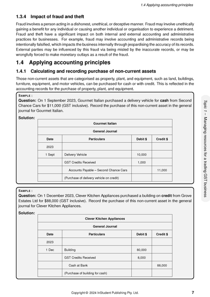 VCE Accounting course notes by ATAR Notes, displaying detailed journal entries for asset purchases with debit and credit tables.