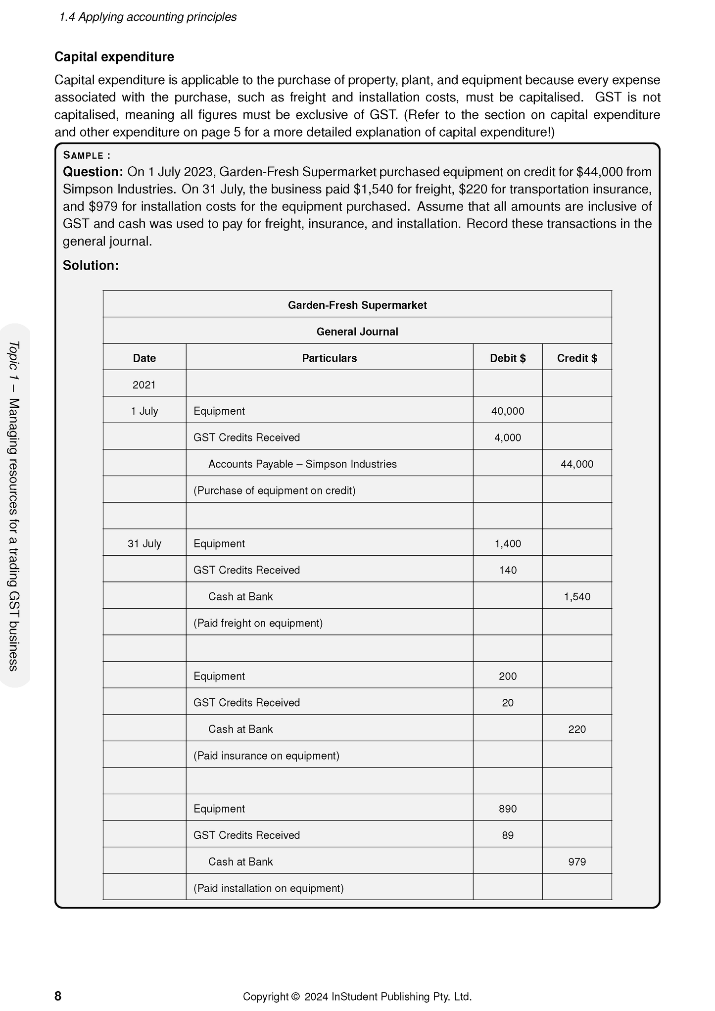 Accounting course notes by ATAR Notes, showing a page detailing capital expenditure and general journal entries for equipment purchase.