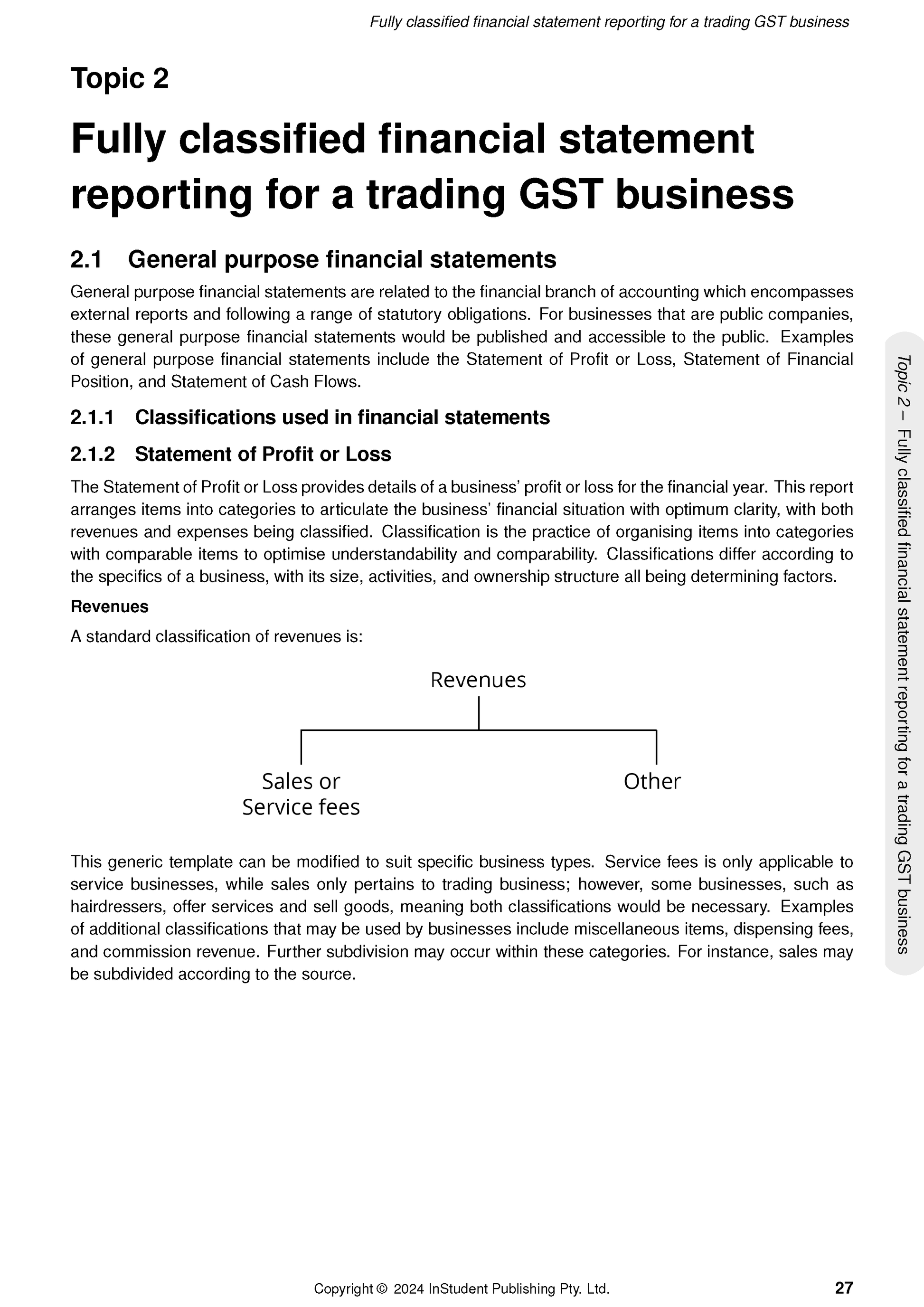 VCE Accounting Course Notes by ATAR Notes, showing page 27 with the title 'Fully classified financial statement reporting' and a revenue classification diagram.