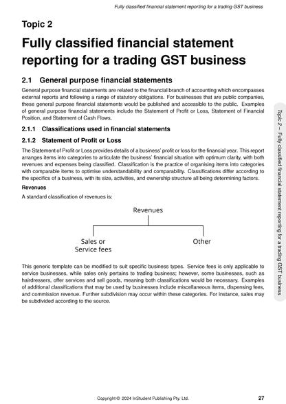 VCE Accounting Course Notes by ATAR Notes, showing page 27 with the title 'Fully classified financial statement reporting' and a revenue classification diagram.