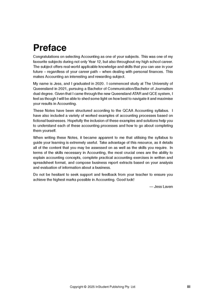 White course notes by ATAR Notes with black text displaying a preface section about accounting.
