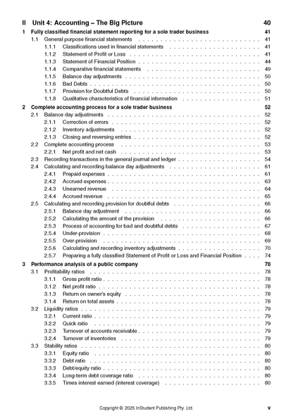 Accounting course notes table of contents by ATAR Notes, showing chapters, subheadings, and page numbers.
