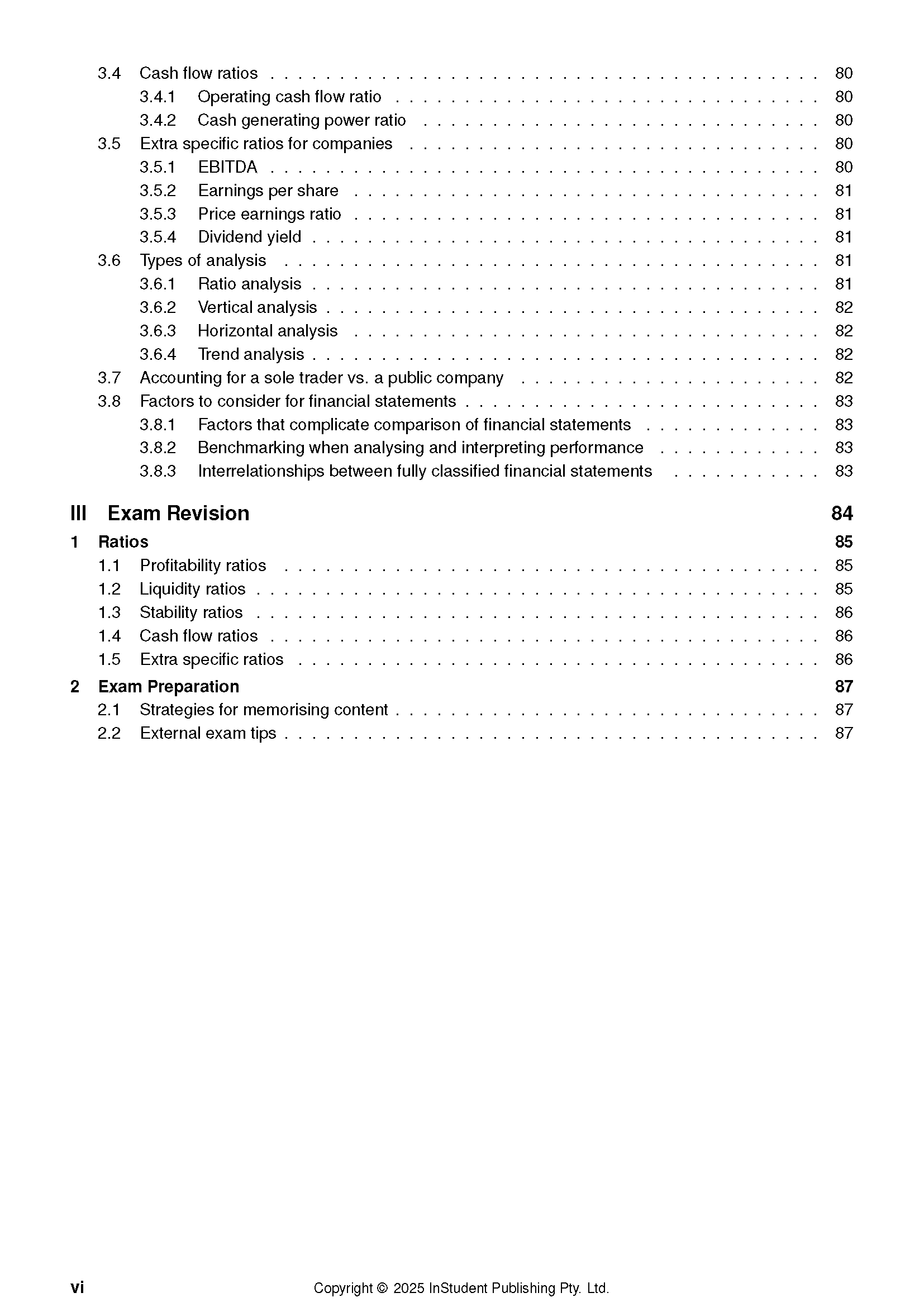 QCE Accounting 3&4 Complete Course Notes (2026-2028) by ATAR Notes, showing a table of contents page with financial analysis and exam revision topics.