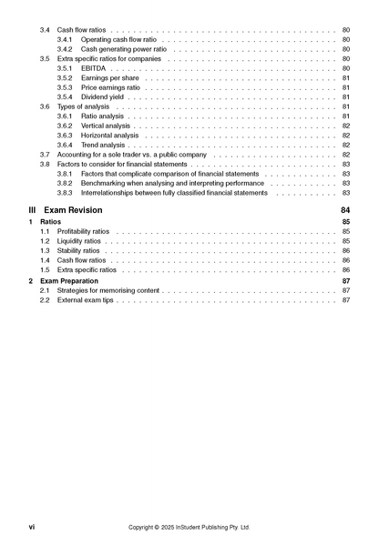 QCE Accounting 3&4 Complete Course Notes (2026-2028) by ATAR Notes, showing a table of contents page with financial analysis and exam revision topics.
