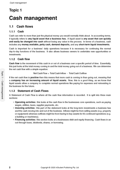 QCE Accounting 3&4 Course Notes by ATAR Notes, open to a white page detailing cash management topics.