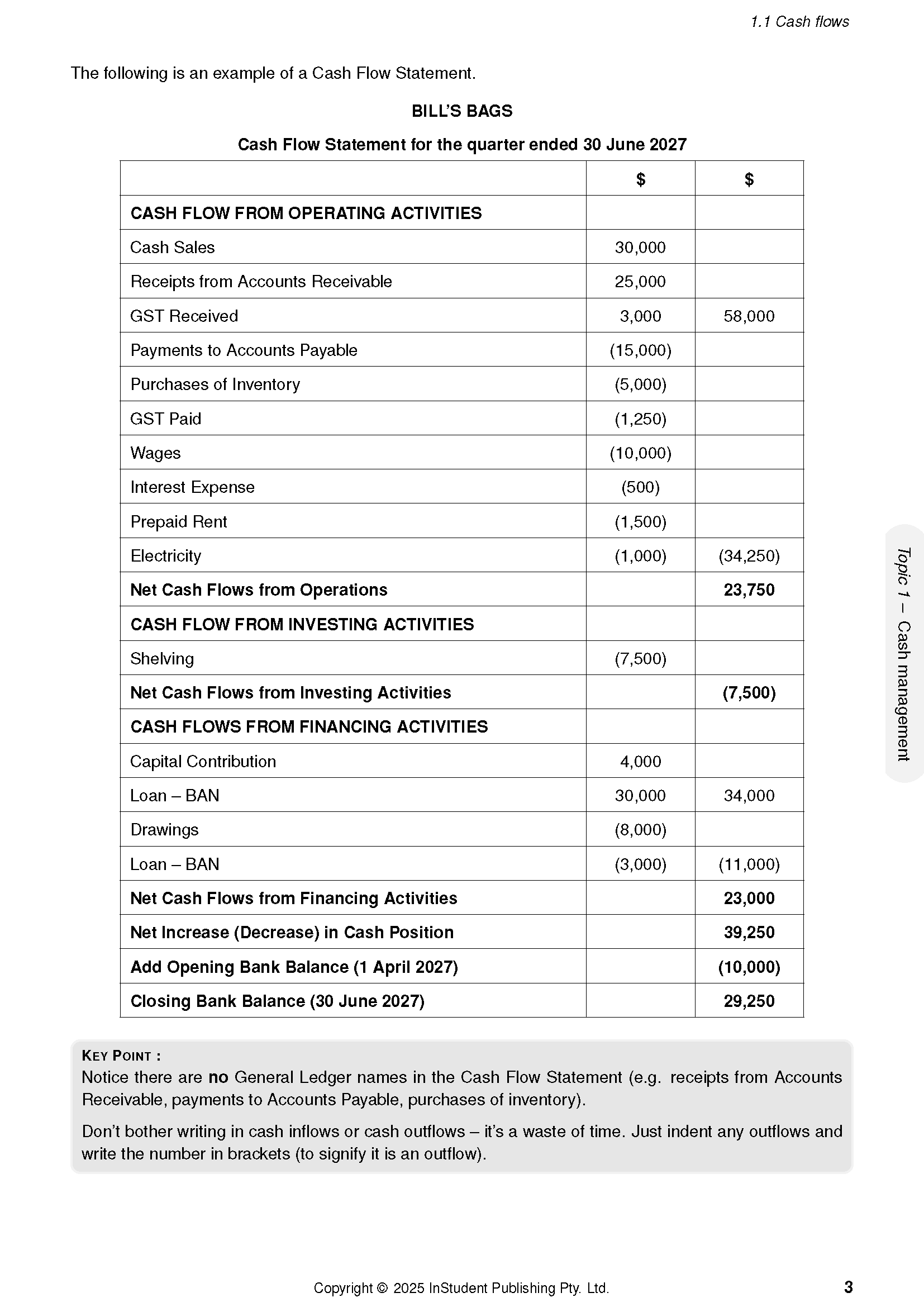 QCE Accounting Course Notes by ATAR Notes, displaying a detailed Cash Flow Statement with financial calculations and a key point box.
