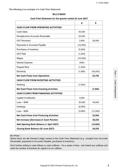 QCE Accounting Course Notes by ATAR Notes, displaying a detailed Cash Flow Statement with financial calculations and a key point box.