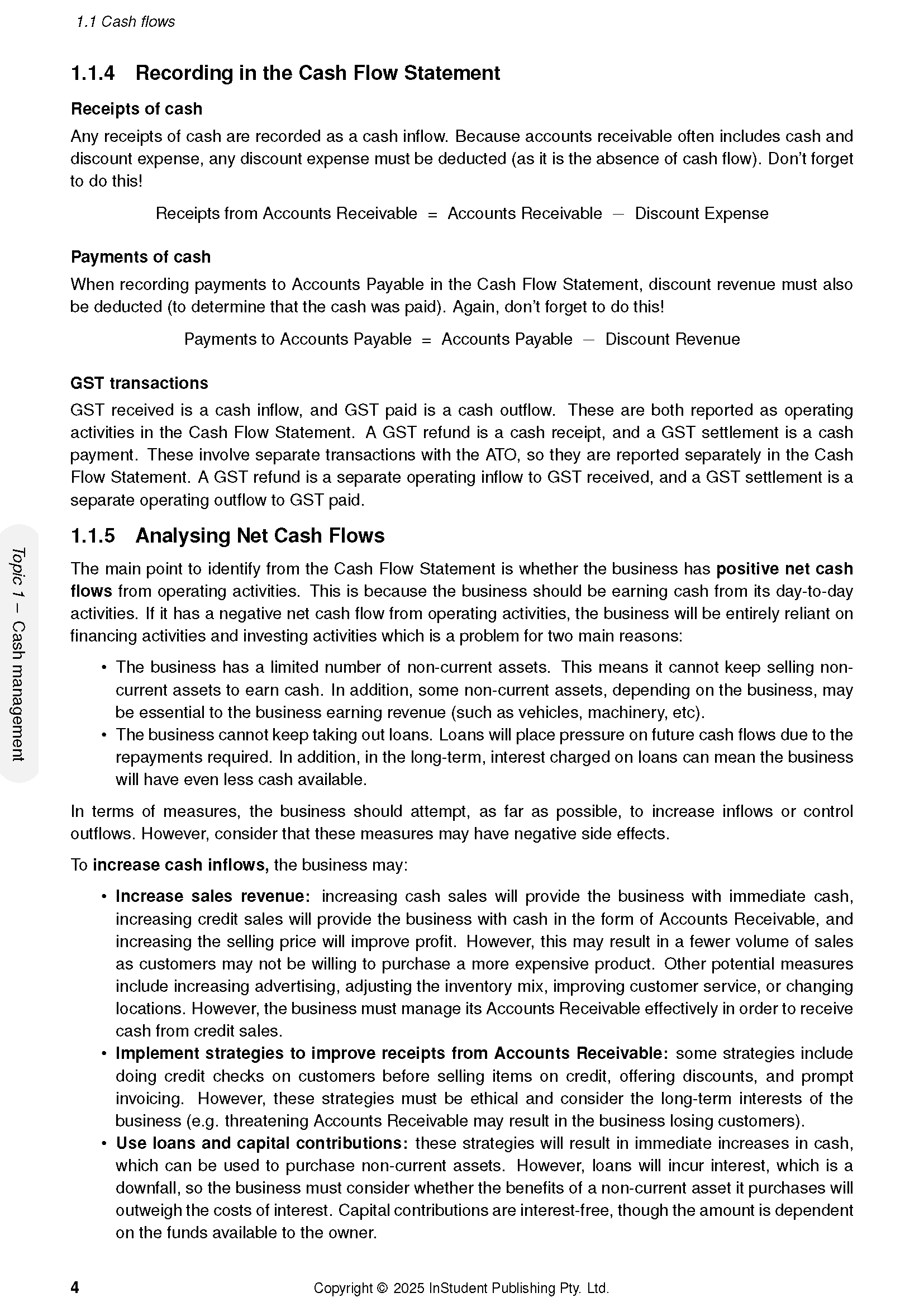 Accounting 3&4 Complete Course Notes by ATAR Notes, featuring detailed explanations on cash flow statements, receipts, payments, and GST transactions.