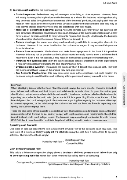 Accounting Course Notes by ATAR Notes, showing a white page with cash flow management concepts and financial ratio formulas.