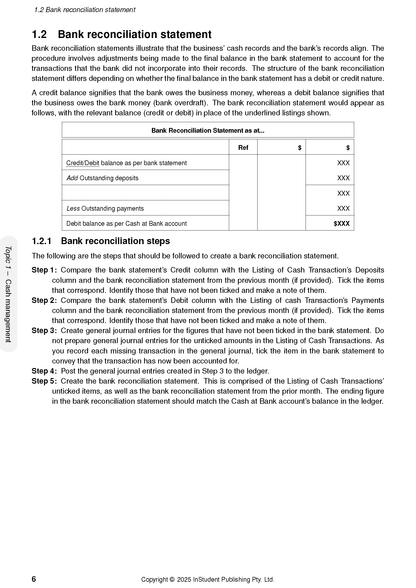 QCE Accounting 3&4 Complete Course Notes by ATAR Notes, showing a page on bank reconciliation statements and steps.