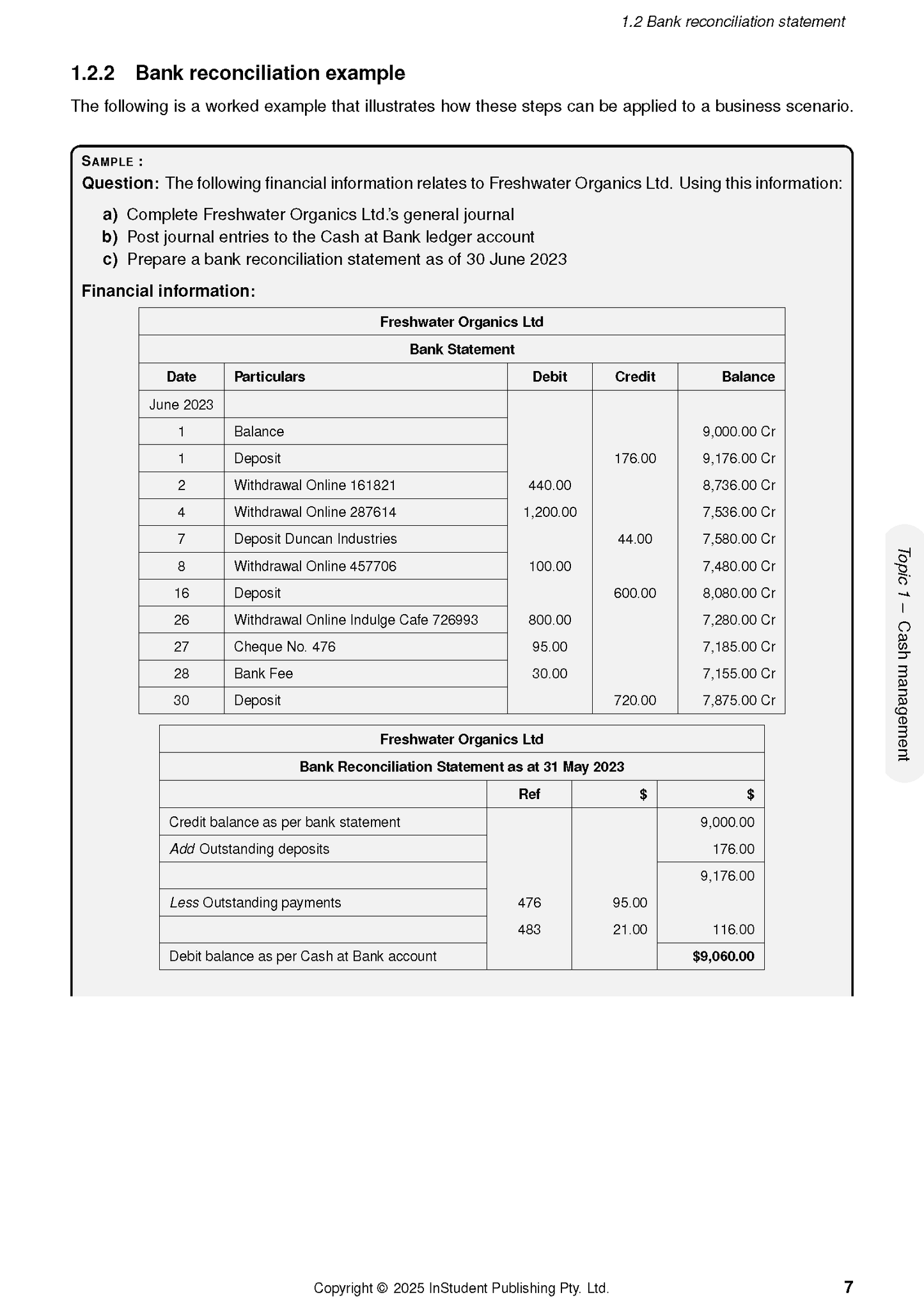 Accounting course notes by ATAR Notes, showing a bank reconciliation example with financial tables.
