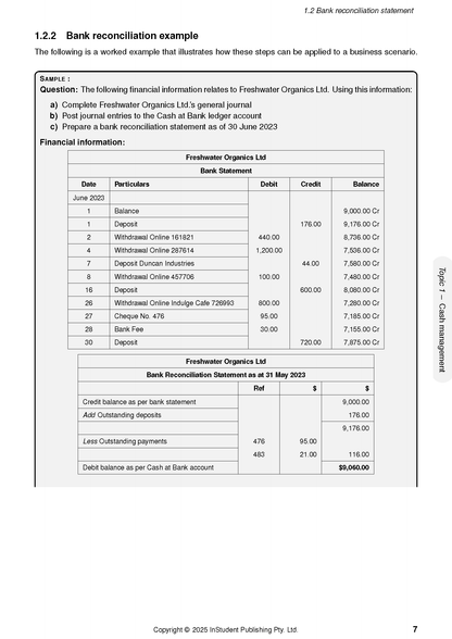 Accounting course notes by ATAR Notes, showing a bank reconciliation example with financial tables.