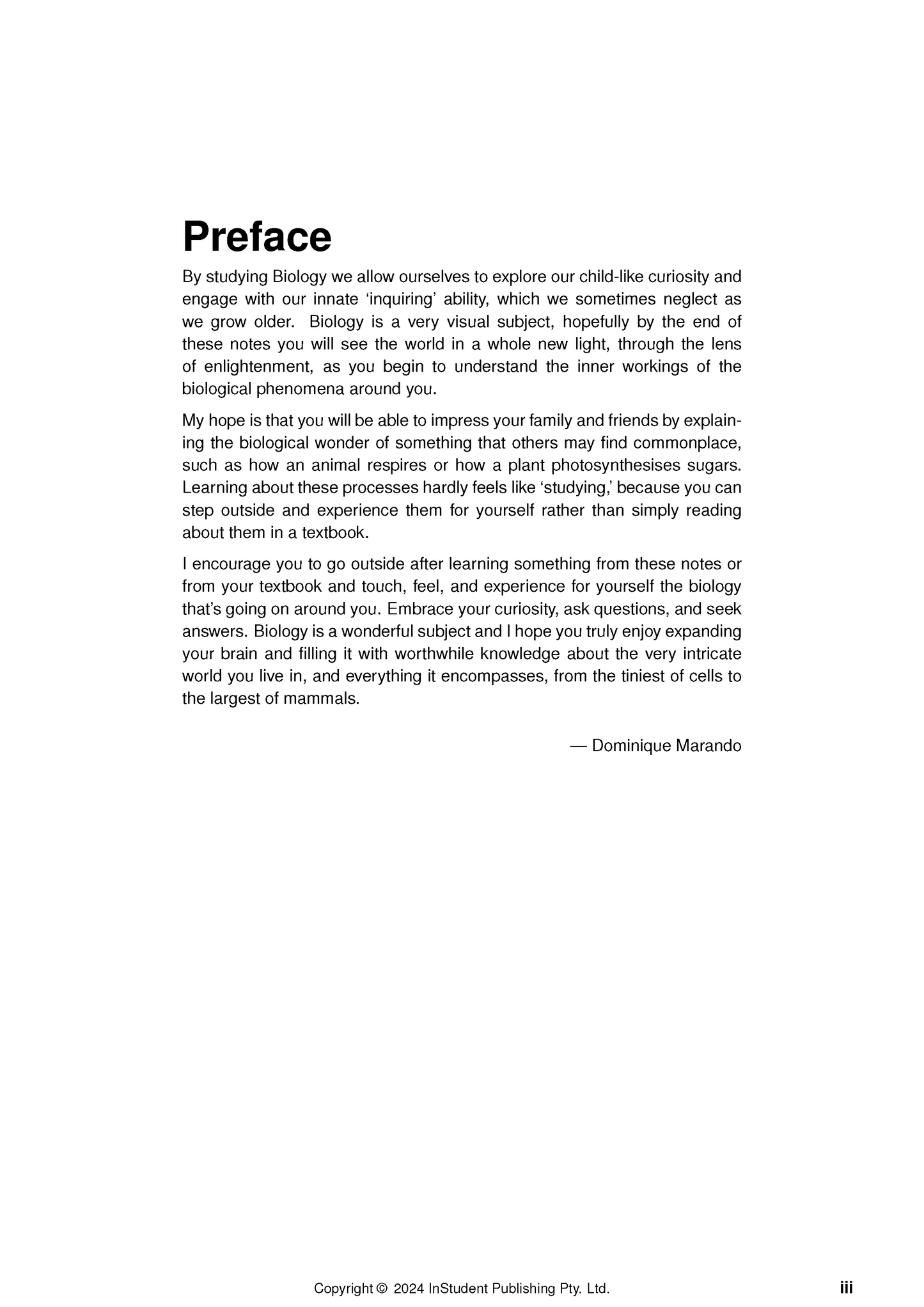 White Biology 1&2 Complete Course Notes by ATAR Notes, displaying the preface text, copyright 2024, and page iii.