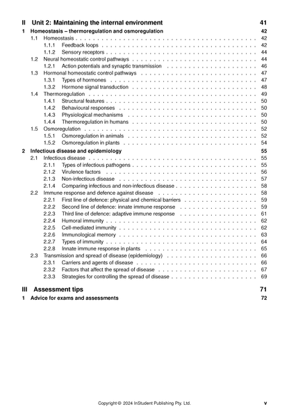 Biology Course Notes by ATAR Notes displaying a table of contents for Unit 2 and Assessment Tips.