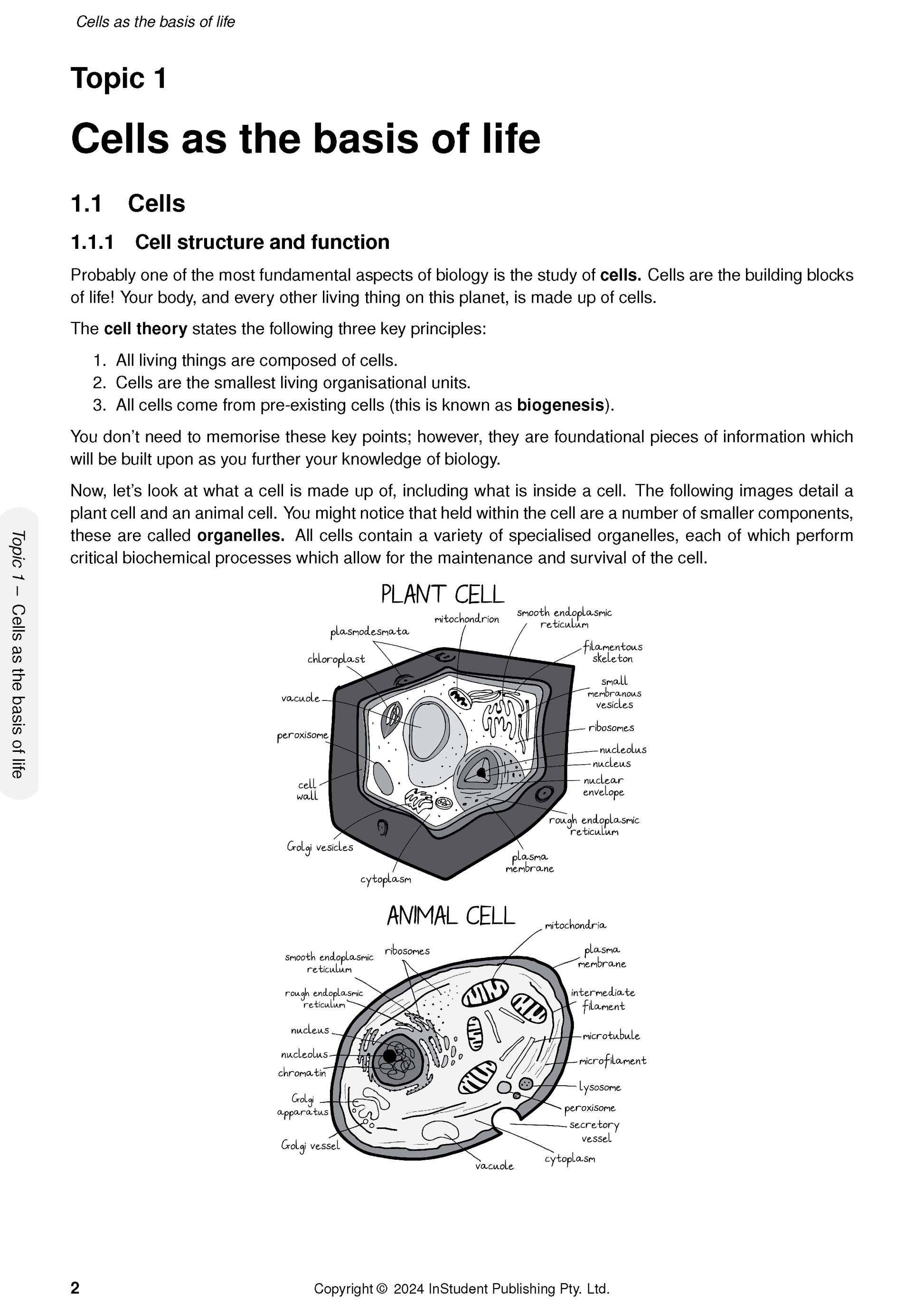 Biology Course Notes by ATAR Notes, displaying a page about cell theory, detailed cell diagrams, and scientific text.