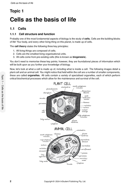 Biology Course Notes by ATAR Notes, displaying a page about cell theory, detailed cell diagrams, and scientific text.
