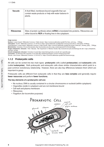 Biology Course Notes page by ATAR Notes displaying cell definitions, an organism photo, and a prokaryotic cell diagram.