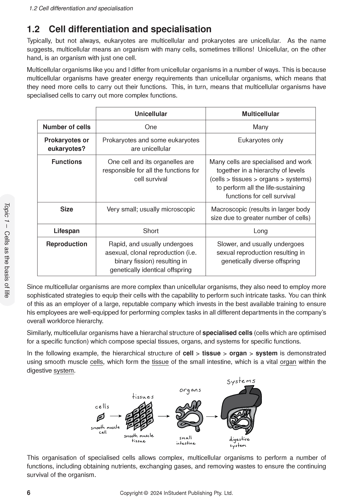 Course Notes by ATAR Notes, a cropped white page showing biology text, a comparison table, and a cells-to-systems diagram.