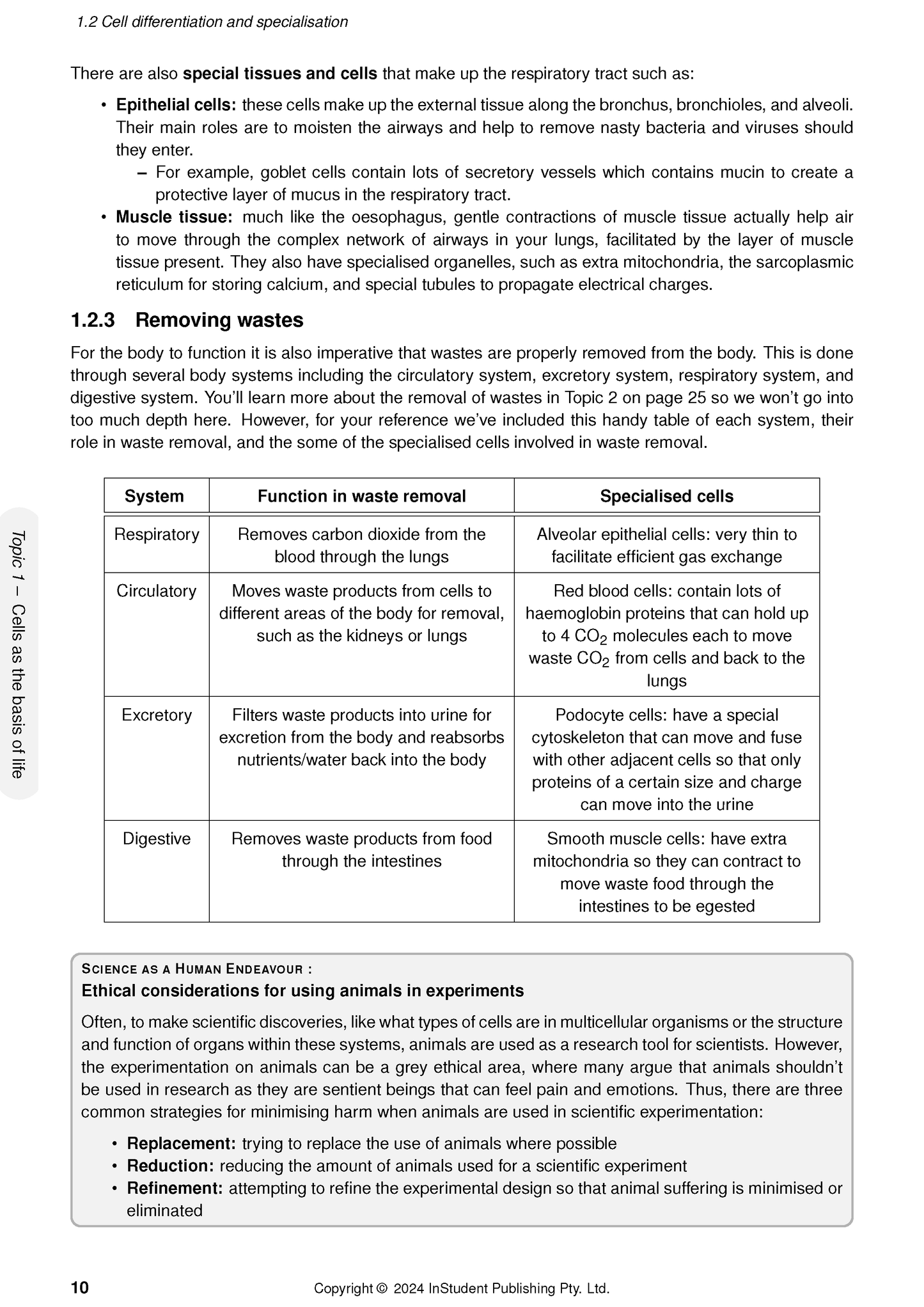 Biology Course Notes by ATAR Notes showing a white page with black text, headings, bullet points, and a table explaining cell differentiation and waste removal.