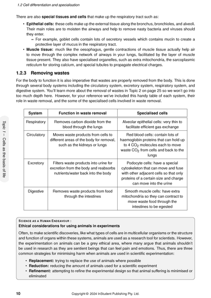 Biology Course Notes by ATAR Notes showing a white page with black text, headings, bullet points, and a table explaining cell differentiation and waste removal.