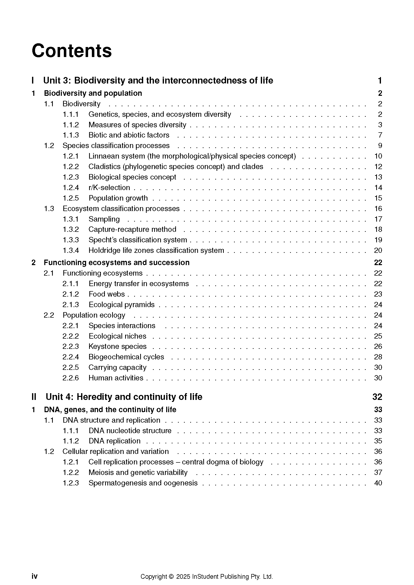 QCE Biology 3&4 Complete Course Notes by ATAR Notes, displaying the table of contents with sections and page numbers.
