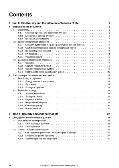 QCE Biology 3&4 Complete Course Notes by ATAR Notes, displaying the table of contents with sections and page numbers.