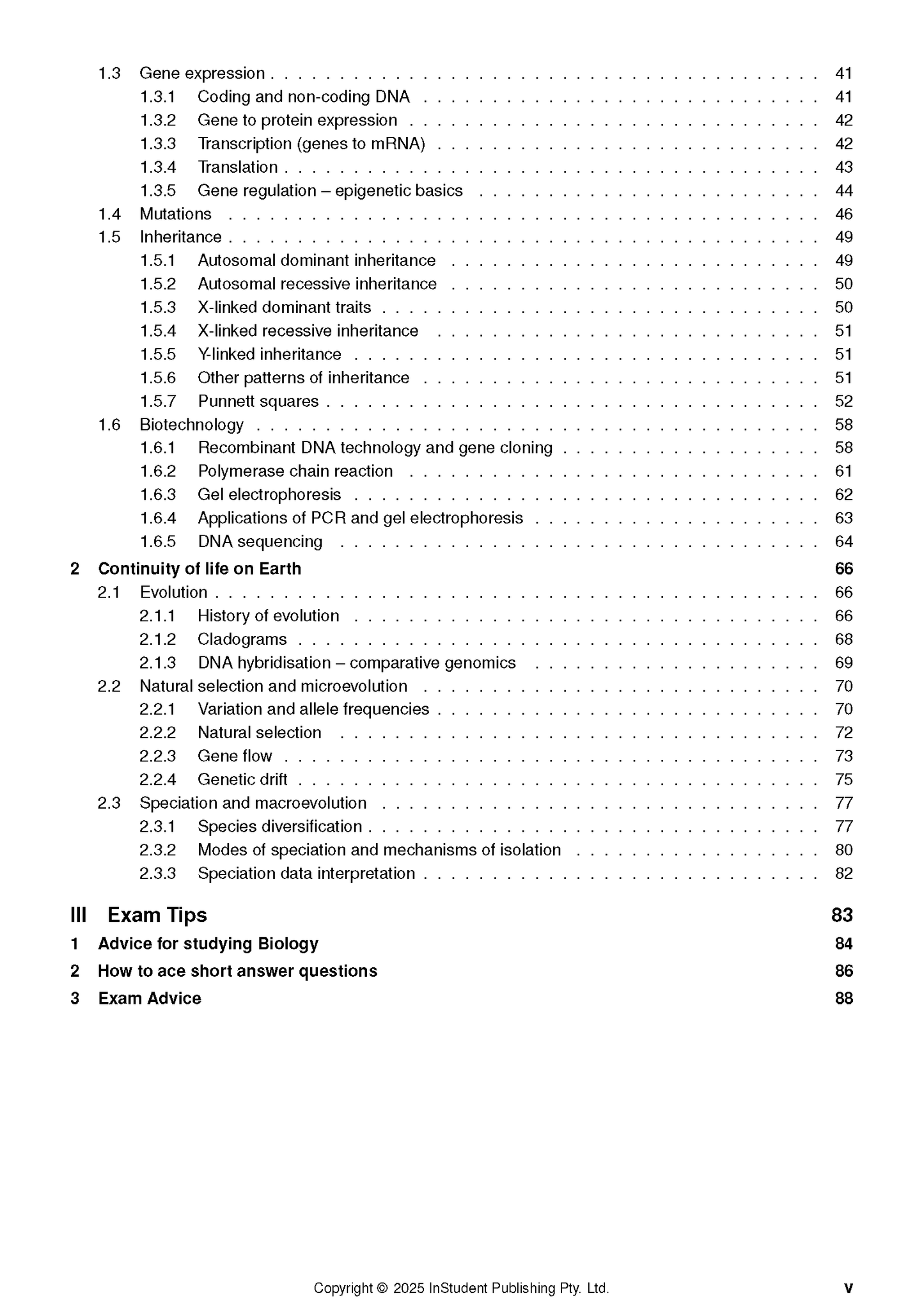 Biology Course Notes by ATAR Notes, displaying a table of contents for gene expression and evolution topics.
