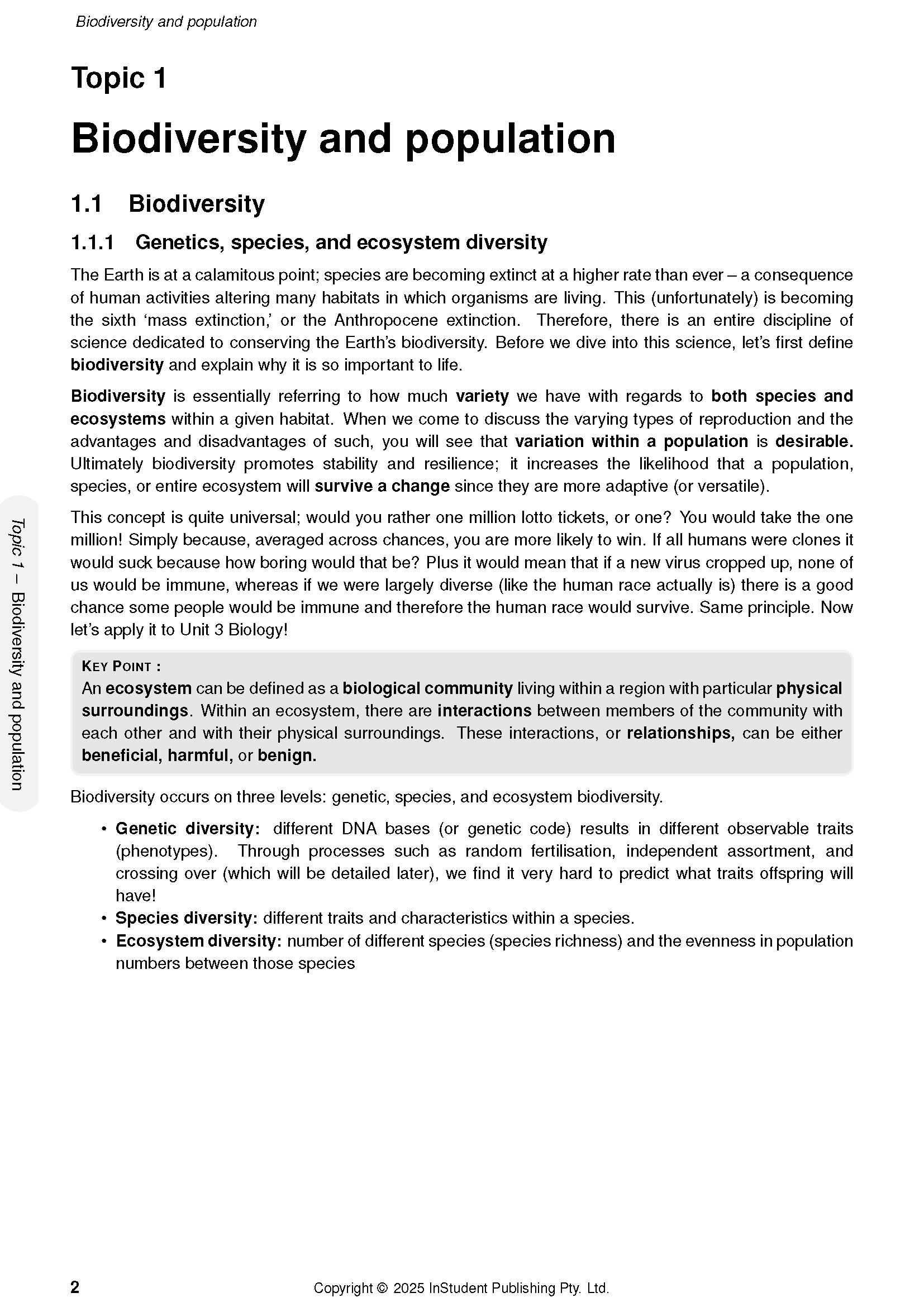 Printed page of course notes by ATAR Notes, featuring sections on biodiversity and population with a 'KEY POINT' box.