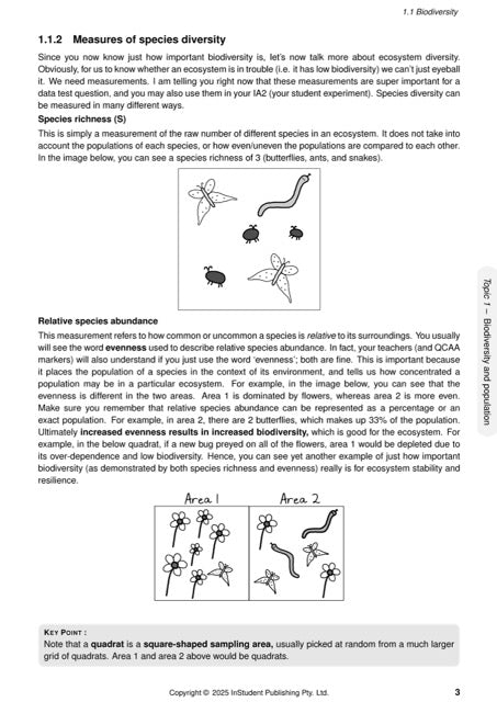 White Biology Course Notes by ATAR Notes, showing definitions of species diversity and abundance with two illustrative diagrams.