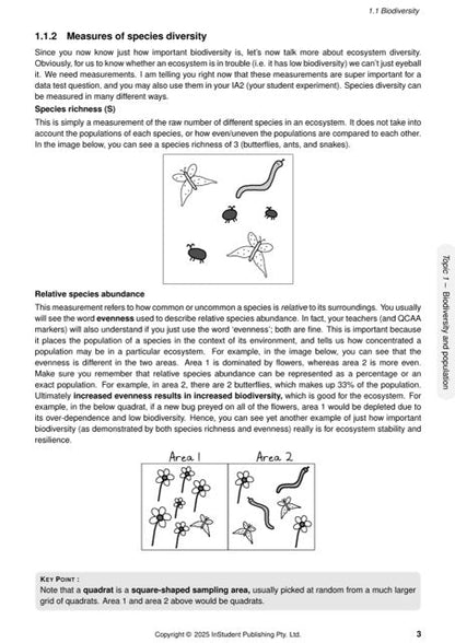 White Biology Course Notes by ATAR Notes, showing definitions of species diversity and abundance with two illustrative diagrams.