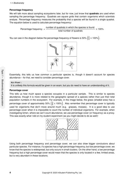 Biology course notes by ATAR Notes, displaying a page on biodiversity with text, diagrams, and formulas.