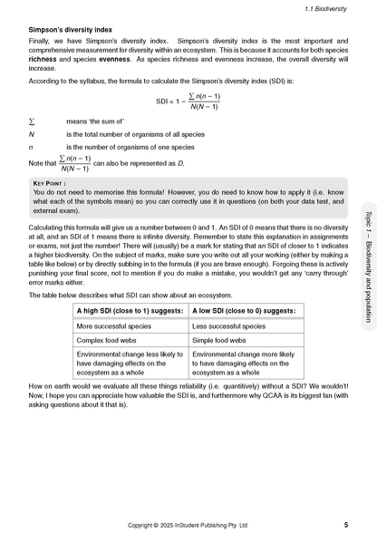 Biology course notes from ATAR Notes showing a page on Simpson's diversity index formula and interpretation.