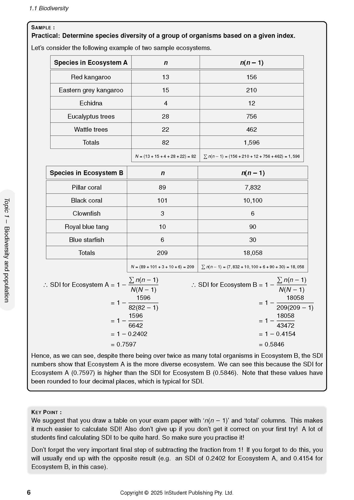 Biology course notes page by ATAR Notes, showing calculations for species diversity index (SDI) for two sample ecosystems.