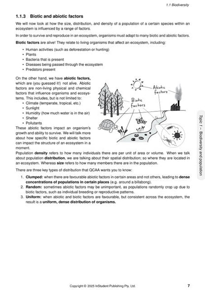 Biology Course Notes by ATAR Notes featuring text and an ecosystem illustration on Biotic and abiotic factors.