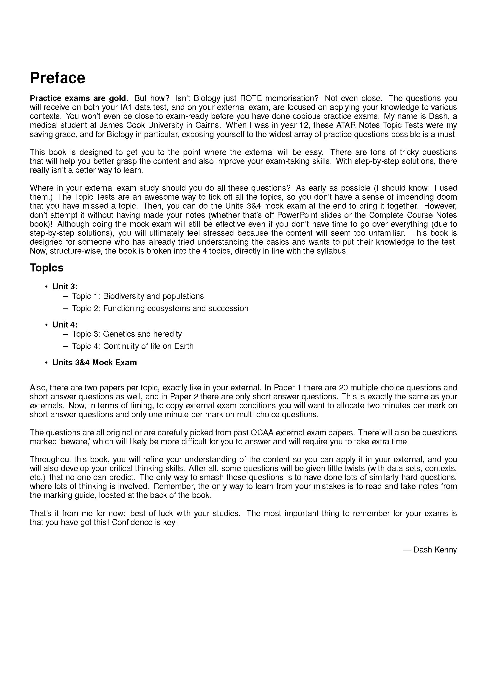 Biology Topic Tests book by ATAR Notes, showing a white page with a preface and a list of biology topics.